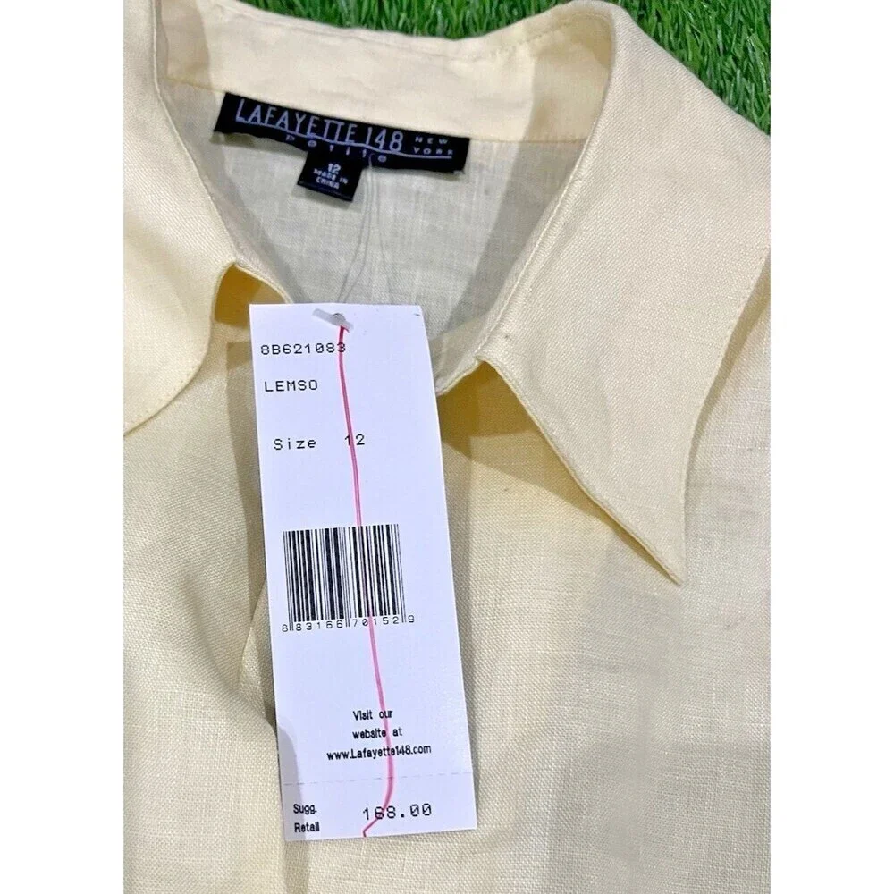 LAFAYETTE 148 Button-Up Short Sleeve Fitted Blue Top Pintuck 100% Linen Size 12 - Picture 5 of 11